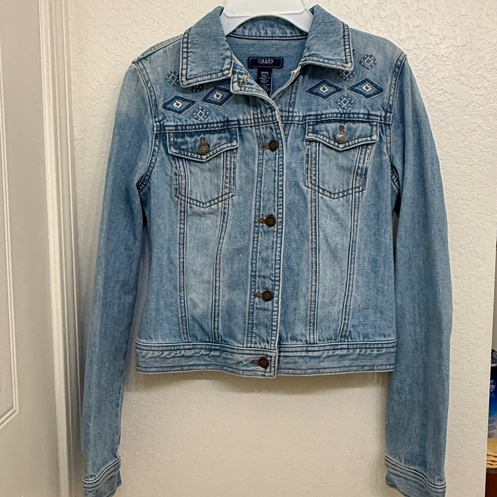 Chaps Light Blue Jean Jacket with Stylish Embroidery.  EUC! Size S